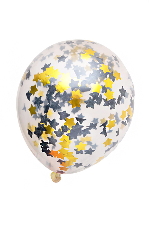 Confetti ballonnen 35cm met zwarte en gouden sterren confetti 3st BALLON CONFETTIVULLING 35CM 3ST