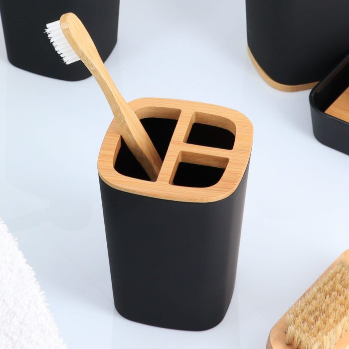 RUBBER TOOTHBRUSH HOLDER + ABS AND BAMBOO - BLACK