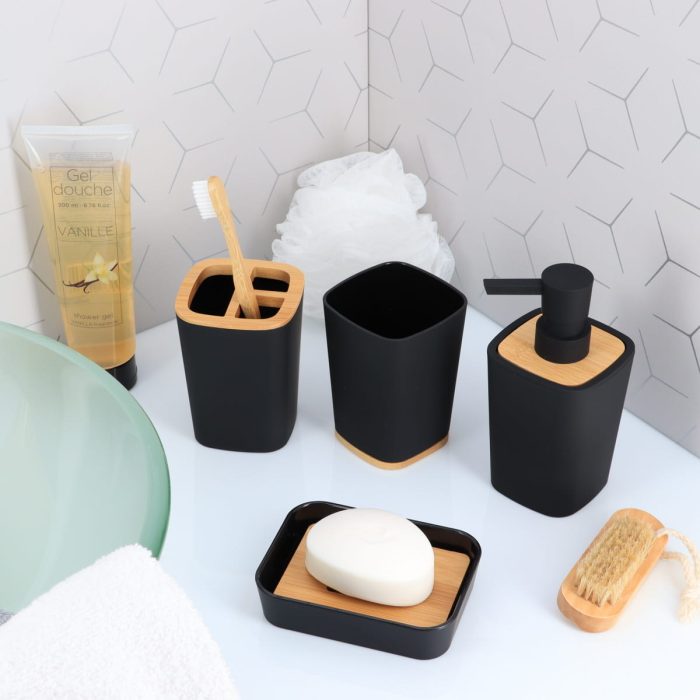 RUBBER TOOTHBRUSH HOLDER + ABS AND BAMBOO - BLACK