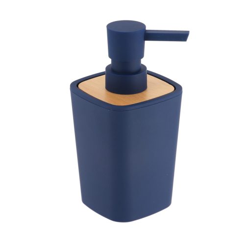 Vierkante zeepdispenser bamboe-kunststof marineblauw naturel 380ml RUBBER SOAP DISPENSER + ABS AND BAMBOO 380 ML - NAVY BLUE