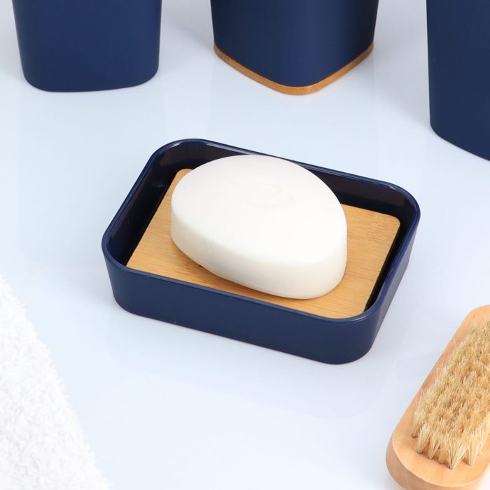 RUBBER SOAP DISH + ABS AND BAMBOO - NAVY BLUE