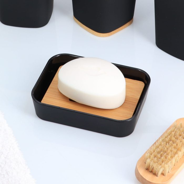 RUBBER SOAP DISH + ABS AND BAMBOO - BLACK