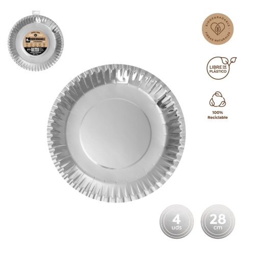 Rond plat bord ZILVER 28cm 4st METALLIC