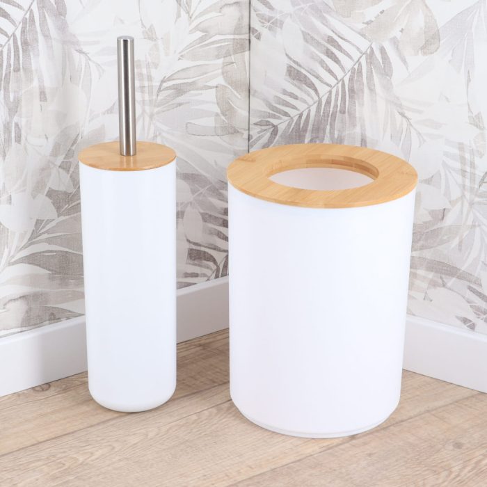 PP WASTEBIN 5L WITH BAMBOO LID WITH HOLE - WHITE/BAMBOO