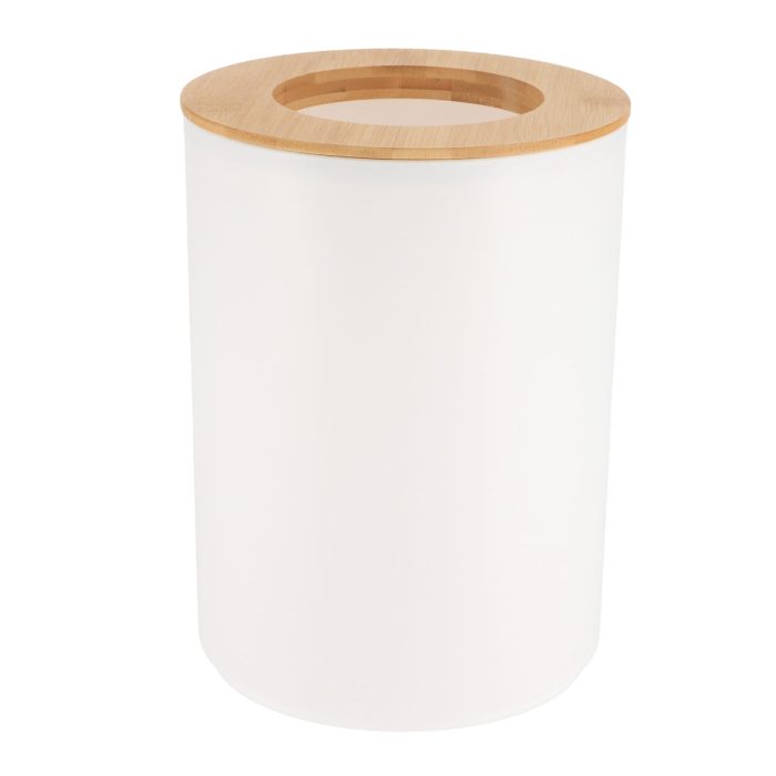 PP WASTEBIN 5L WITH BAMBOO LID WITH HOLE - WHITE/BAMBOO