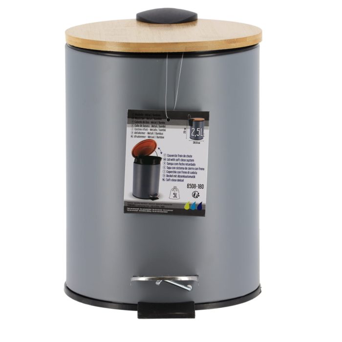 METAL DUSTBIN SOFT CLOSE 2,5L- GREY / BAMBOO